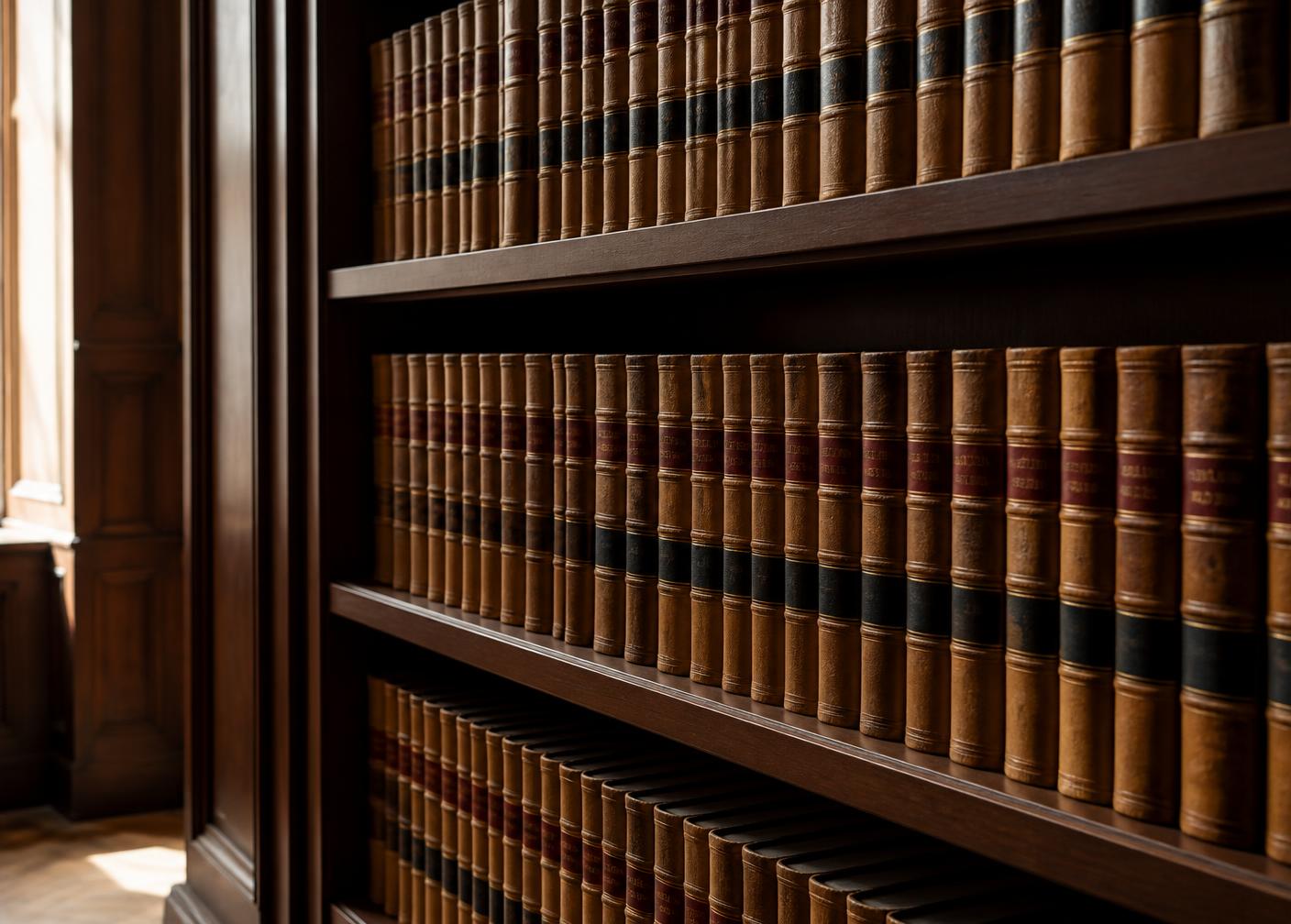 Bound law reports on dark timber shelving in soft daylight