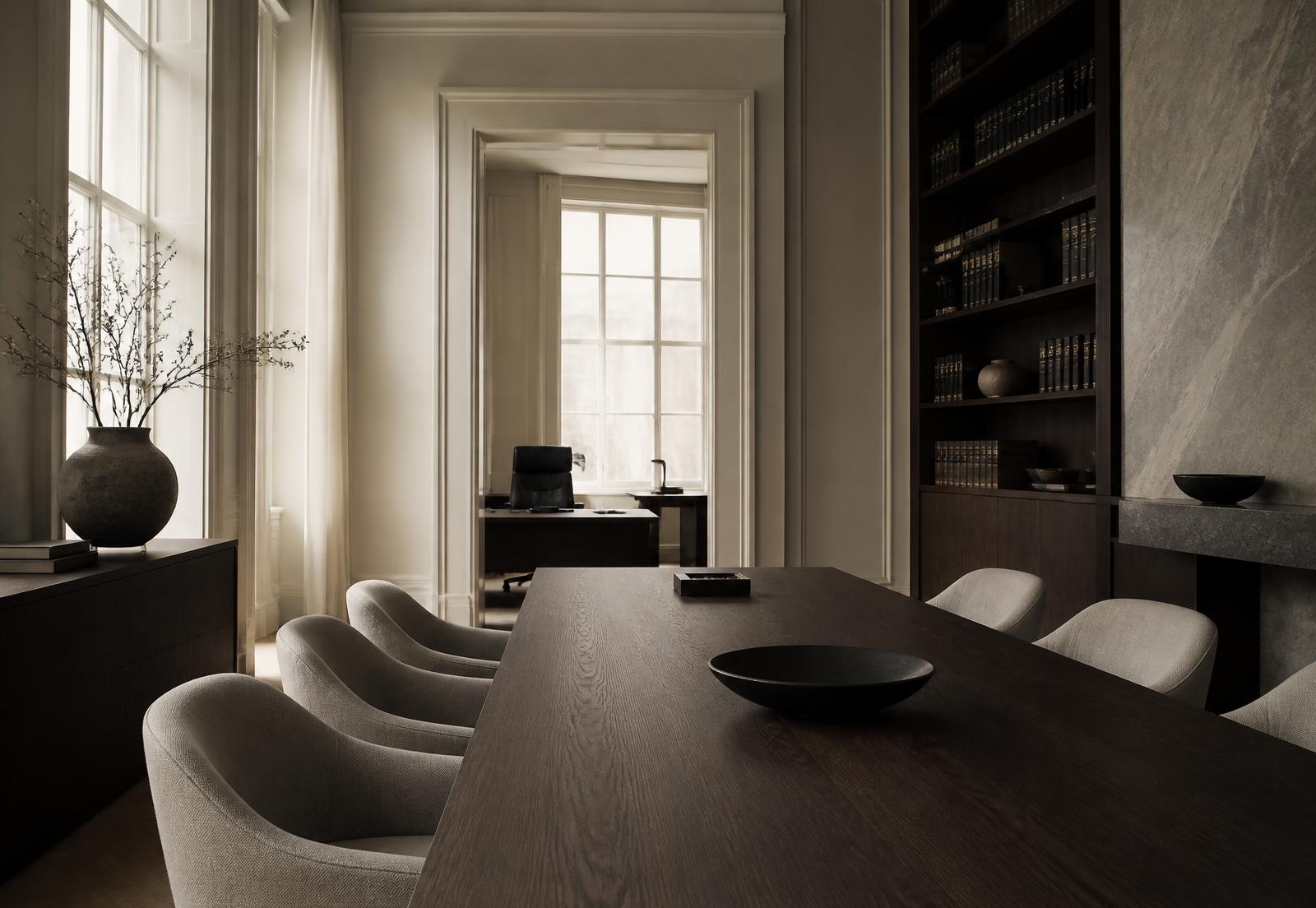 A quiet meeting room with a long timber table and daylight through tall windows